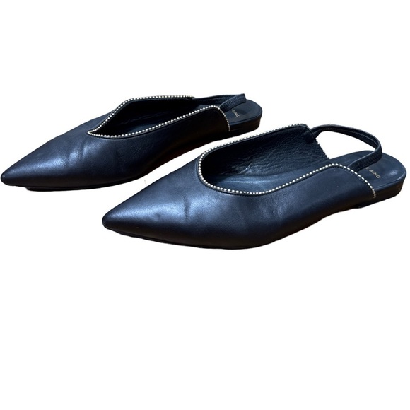 Anine Bing • Callie Slingback Gold Studded Pointed Toe Black Leather Flats 38 - Picture 4 of 13